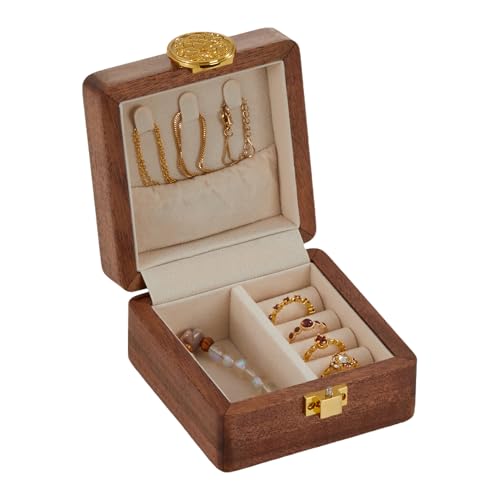 Travel Jewelry Case Wood Small Jewelry Box for Women Wood Jewelry Organizer Storage Holder For Earrings Rings Necklaces Velvet Wooden Jewelry Box With Lock - color: Nut-Brown A