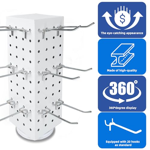 Rotating Pegboard with 20 Peg Hooks 4-Sided Pegboard Spinning Display Stand 4 x 4 x 12 Inches, Keychain Display Stand for Retail Display, Earring Display (White) - color: White