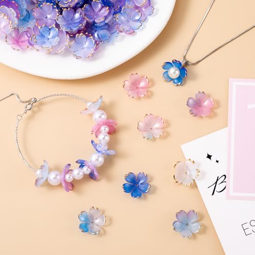 100pcs Cherry Blossom Beads, 5-Petal Gradient Acrylic Flower Beads, Mini Spacer Hair Accessories Halloween Christmas for Bracelets Earring Jewelry Making- Blue & Red - color: Blue & Red