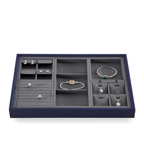 Dark Blue Jewelry Display Tray Ring Necklace Earring Bangle Organizer Multifunctional Storage Case for Jewelry Showcase (Long 3 Grids Tray) - color: 07-3 Gird Tray