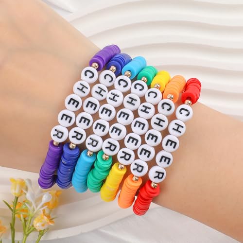Rainbow Heishi Surfer Bracelets Set for Women Stackable Clay Beaded Bracelets Disc Stretch Preppy Bracelets Layering Colorful Friendship Bracelets Team Cheer Bulk Boho Summer Beach Jewelry Gift - style: CHEER