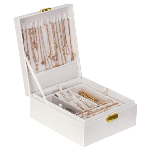 Prestige & Fancy 2 Layer Jewelry Box Organizer for Men, Women & Girls 8.5 x 7.5 x 3.3 in | PU Leather White Jewelry Storage Organizer | jewelry storage box for Rings, Necklace & Bracelets - color: Ivory