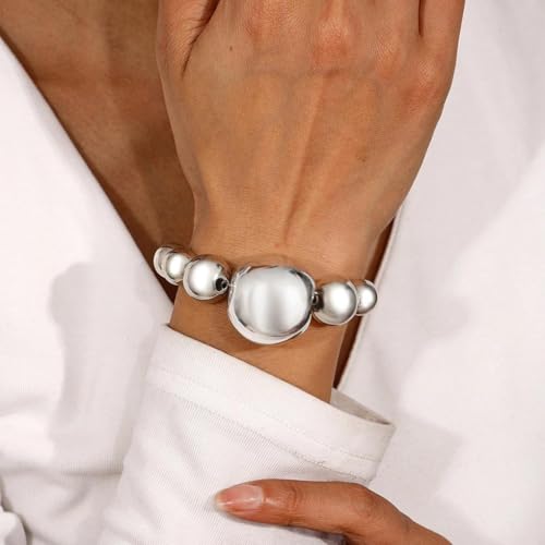 Acrylic Chunky Gold Beaded Bracelet for Women,Extra Big Round Ball Bead Chain Stretch Bracelet,Exaggerated Faux Pearl Bracelets Prom Party Jewelry - color: Silver