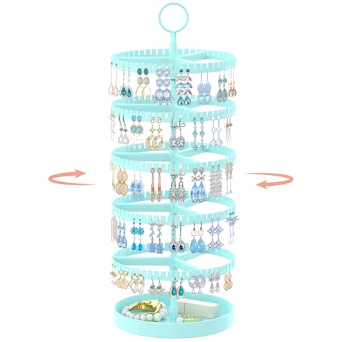 iDavosic.ly 5 Tier Rotating Earring Holder Organizer with Metal Tray, Adjustable Plastic Dangle Display Stands Tree with 285 Grooves, Large Hoop Storage Rack Tower, Blue - color: Aqua Blue, size: 5 Tiers