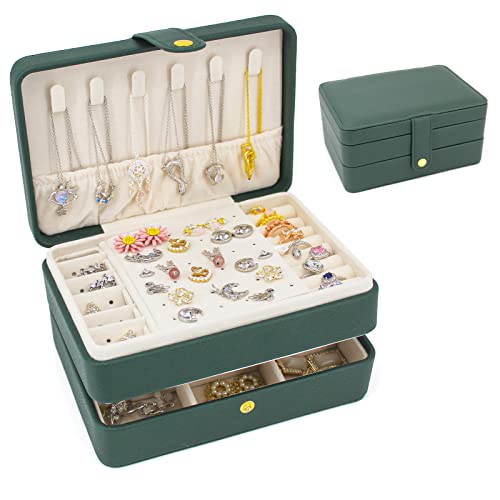 KOOAAICCHI Small Jewelry Box, Travel Jewelry Organizer, Portable Jewelry boxes for Women Girls Gift, Double Layers PU Leather Jewelry Holder for Rings, Earrings, Necklaces-Green - color: JS-Green