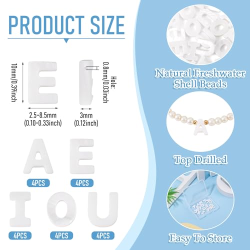 20Pcs Letter Beads Natural Freshwater Shell Beads Vowel Letters A E I O E White Seashell Alphabet Initial Beads for Wedding DIY Necklace Bracelet Earring Jewelry Making Supplies - color: White Shell