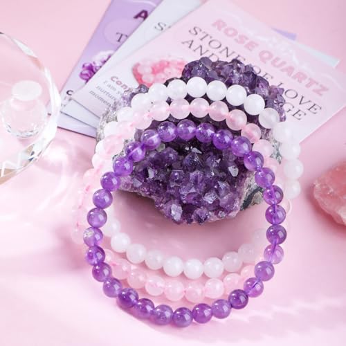 2/3-Pieces 4mm 6mm 8mm Natural Crystal Gemstone – Handmade Reiki Energy Healing Stretch Bracelets Jewelry for Yoga, Meditation, Unisex - color: 3 Pieces (Amethyst&PinkQuartz&WhiteJade), size: 6mm