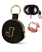 Mini Travel Ring Holder Keychain, Portable Corduroy Jewelry Ring Holder Pouch with Letter, Small Earrings Case for Gym Sports Bag Purse Coins (J, Black) - style: J