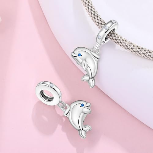 925 sterling silver Bead Charm for Pandora bracelets and Necklaces - Cute Heart Animal Ocean Pendant Bead Charms with Cubic Zirconia Mother's Day Jewelry Making DIY Gifts for Women Wife/Girlfriend - color: Little Dolphin Pendant Charm