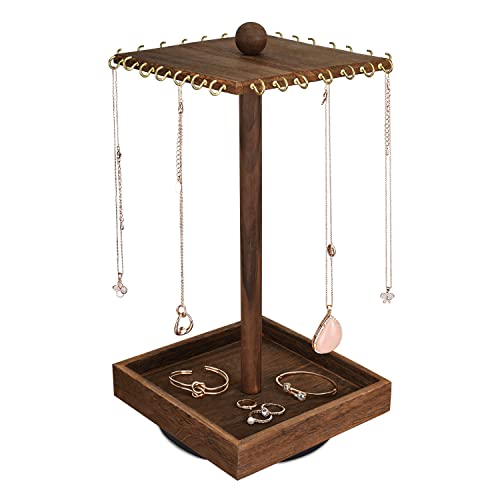 Ikee Design Wooden Rotating Jewelry Organizer, Jewelry Display Tower for Necklace & Bracelet, Rotating Necklace Holder Organizer, Jewelry Stand for Shows, Brown Color, 7.88 W x 7.88 D x 16 H in - color: 2) Brown