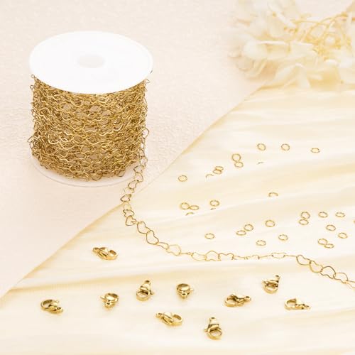 Jabogrii 5 Meters Gold Stainless Steel Jewelry Making Chain Spool Craft Heart Chain Bulk for Jewelry Making - color: Hollow Heart Gold