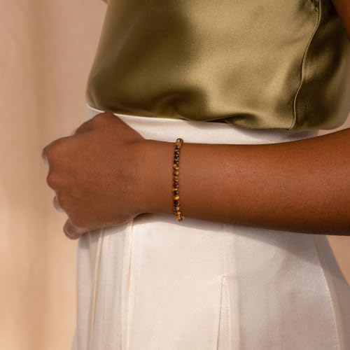 Natural Faceted Crystal Bracelet for Women,4mm Gemstone Round Beads Bracelets Adjustable Stretchy Healing Crystal Beads Bracelets Dainty Jewelry Gift - color: Tiger Eye