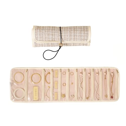 Portable Jewelry Roll Bag, Foldable Travel Jewelry Organizer Case with Zippered Pockets, Jewelrys Storage Bag, Roll Up Jewelry Organizer Bag for Journey Rings, Necklaces, Earrings, Bracelets (Beige) - color: Beige
