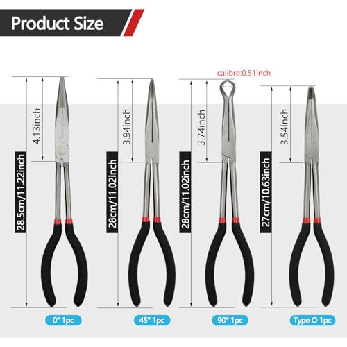 4 Pack 11" Long Nose Pliers Set with Portable Bag, Insulated Grip - Straight Needle Nose, 45/90 Degree Angle Curved & Circle Tools for Wire Bending, Shaping, Trimming - size: 4pcs With Bag