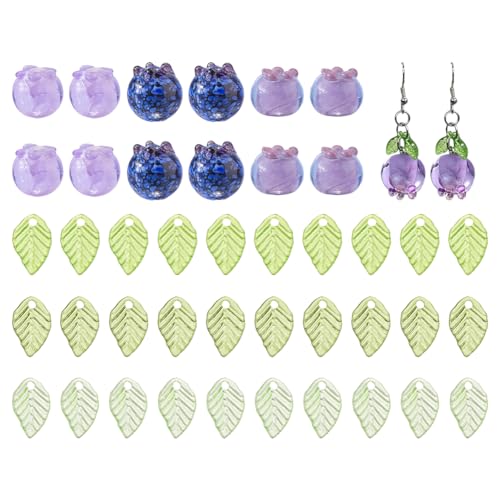 54Pcs Lampwork Blueberry Beads Lampwork Bumpy Blueberry Bead Handmade Fruit Charms with 36 Acrylic Leaf Pendants for Jewelry Making Bracelets Necklaces Crafts