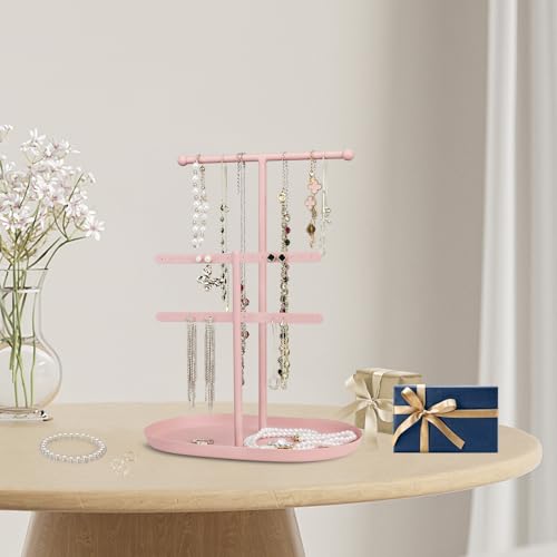 Saydear Elegant Jewelry holder Organizer 2-Tier Display Storage Stand for Earrings Necklaces with Ring Tray Spacious and Durable, Easy to Assemble Pink - color: Pink
