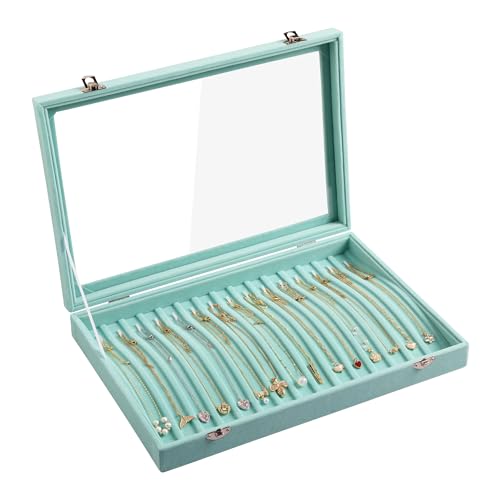 Frebeauty 15 Hooks Necklace Tray Velvet Neckalce Organizer with Clear Lid Lockable Necklace Holder Box Jewelry Organizer for Pendants Chains Necklace Jeweley Tray for Women Girls(Turquoise) - color: Turquoise