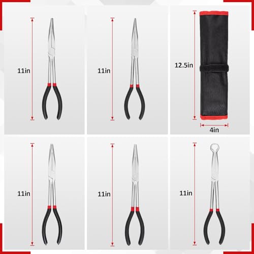 5Pcs Bent Nose Pliers 11 Inch Extra Long Needle Nose Pliers Set, Straight, 25°/45°/90° Bent, Circle Nose for Narrow Spaces, Hard to Reach Areas & Precision Work