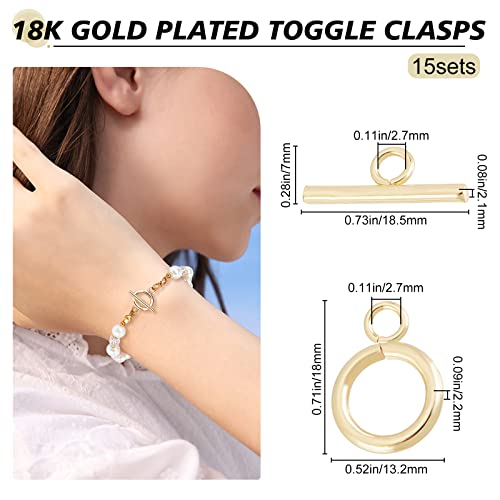 Beebeecraft 15 Sets 18K Gold Plated Toggle Jewelry Clasps Connectors Round Ring Toggle T Bar Clasps Sets for Necklace Bracelet Earring Making, 18x13mm - color: #1 15 sets