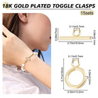 Beebeecraft 15 Sets 18K Gold Plated Toggle Jewelry Clasps Connectors Round Ring Toggle T Bar Clasps Sets for Necklace Bracelet Earring Making, 18x13mm - color: #1 15 sets