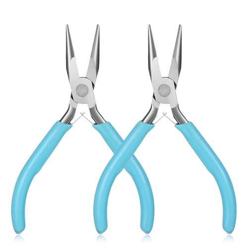 Mini Needle Nose Pliers Set, 2Pcs Needle Nosepliers for Jewelry Making, Blue Jewelry Chain Nose Plier, Small Craft Plier with Smooth Jaw and Comfort Grip Handle for Wire Bending Object Grasping - color: Blue