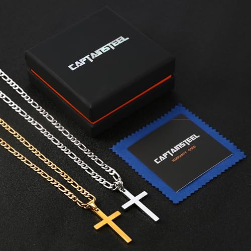 CaptainSteeL Cross Necklace for Men - Stainless Steel Silver/Gold Plain Cross Pendant Necklace Simple Jewelry Gifts, 20/22/24/26 Inches 3:1 Figaro Link Chain 4/5/6mm Width - size: 20inch, style: 4mm Silver