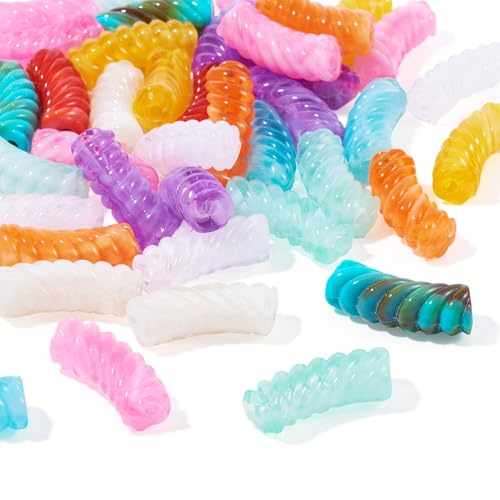 Spritewelry 40 pcs Acrylic Curved Tube Beads Chunky Bangle Bamboo Beads Twist Thread Tube Bracelet Beads Noodle Curved Beads for Jewelry Making Friendship DIY Supplies - color: Mix Colors-Thread