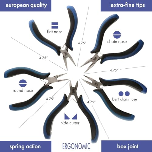 The Beadsmith Ergonomic Plier Set – 5-Piece Kit: Chain Nose, Round Nose, Flat Nose, Bent Chain Nose & Semi-Flush Side Cutter – Extra-Fine Tips, Comfortable Ergonomic Grip & Double-Leaf Springs - style: 5 Piece Kit
