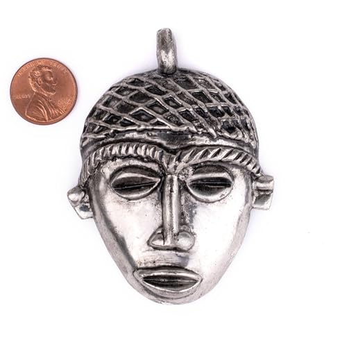 TheBeadChest African Silver Mask Pendant (75x55mm): Genuine West African Mask Design for DIY Jewelry & Necklaces - color: Silver, size: Large (75x55mm)