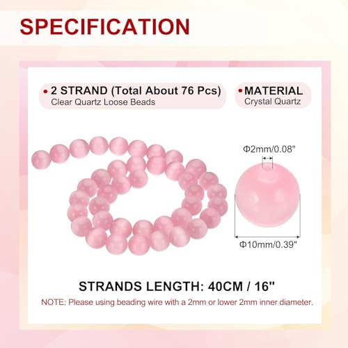 PATIKIL 10 mm Natural Clear Quartz Loose Beads, 2 Strands Crystal Round Stone Strand Beads Gemstone Loose Bead Spacer Beads for Jewelry Making DIY Necklace Bracelet, Pink - color: Pink, size: 10 mm