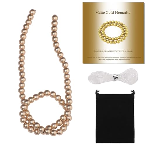 Stone Beads, 60pcs Matte Gold Hematite, 6mm Round Loose Beads for Jewelry Making, Bracelets, with Bag, String & Card - color: Matte Gold Hematite, size: 6mm