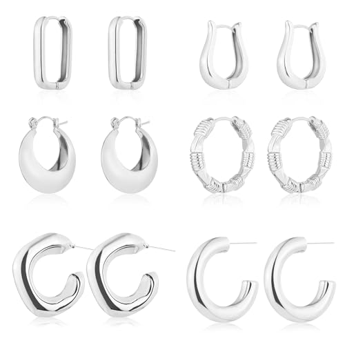 6 Pairs 14K Gold Plated Hoop Earrings for Women Lightweight Chunky Hoop Earrings Multipack Hypoallergenic, Thick Open Twisted Huggie Hoops Earring Set Jewelry for Gifts. - color: new silver hoops