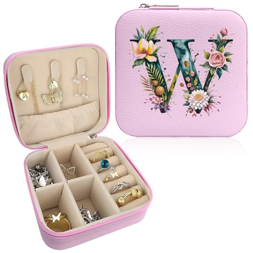 Monogram Jewelry Box Portable Print Jewelry Box, 1pcs Pink Compact Jewelry Box Travel Jewelry Case Travel Case Organizer Bag Storage Box Jewelry Holder For Necklace Earrings Rings Bracelet (Letter W) - color: Letter W