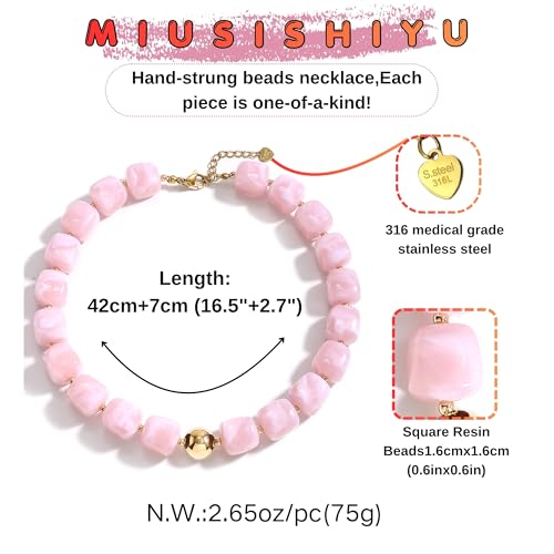 Chunky Necklaces for Women, Trendy Colorful Square Acrylic Resin Beads Statement Choker Necklace, Lightweight Boho Summer Beach Vacation Jewelry - color: pink