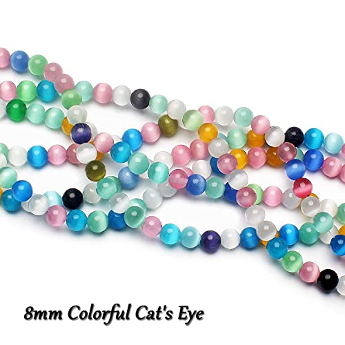 70PCS Natural 8MM Healing Gemstone, Synthetic Cat’s Eye Energy Stone Round Loose Beads, Semi-Precious Crystal Beads with Free Elastic String for Jewelry Making DIY - color: Cat’s Eye, size: 8MM