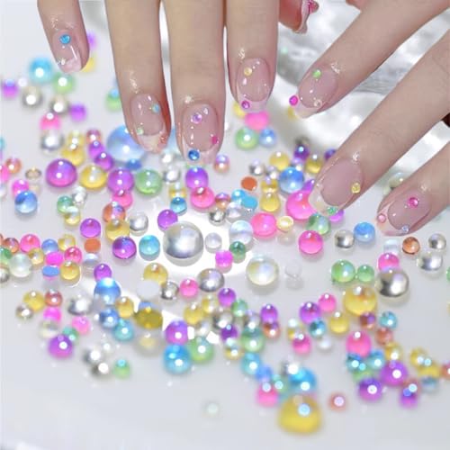 200Pcs Colorful Bubble Beads Mermaid Nail Art Charms Aurora Pearls Candy Caramel Stone Mix Nail Art Rhinestones Half-Round Flat Back Rhinestones for Nails Small Glass for Crafts Nail Art Accessories - color: Round-10