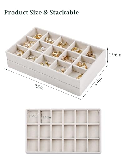 Stackable Jewelry Organizer Trays with Removable Dividers, 2-Tray Beige Jewelry Drawer Organizer Set for Earrings, Necklaces, Rings & Bracelets Gift for Her