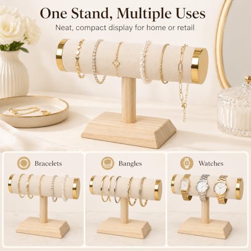 Jewelry Display T-Bar Stand – 9 inch Beige Textured Velvet Bracelet Holder with Gold Metal Ends, 1-Tier Jewelry Organizer with Natural Pine Base, Bangle & Watch Display for Retail & Vanity - color: Beige Textured Velvet