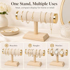 Jewelry Display T-Bar Stand – 9 inch Beige Textured Velvet Bracelet Holder with Gold Metal Ends, 1-Tier Jewelry Organizer with Natural Pine Base, Bangle & Watch Display for Retail & Vanity - color: Beige Textured Velvet