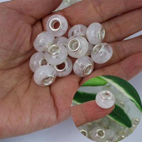 White European Craft Beads for Jewelry Making - Large Hole Resin Beads for DIY Charm Bracelets, 140pcs 14mm Rondelle Slide Charms (PT412) - color: PT412 White Mica-shaped bead