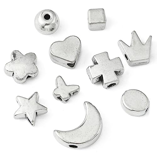 DanLingJewelry 200Pcs 10 Styles Tibetan Style Antique Silver Loose Spacer Beads Heart Star Cross Moon for Jewelry Crafting Making DIY - color: 200pcs - mix