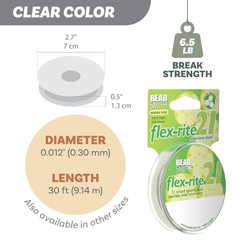 The Beadsmith Flex-Rite Beading Wire - 21-Strand Nylon-Coated Stainless-Steel Wire, 0.012" (0.30 mm) Dia, Clear, 30 ft Spool, Durable Necklace & Bracelet String, for Jewelry Making Supplies - size: .012” Dia - 30 ft