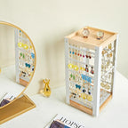 keomaisyto Earring Holder Organizer, Rotating Jewelry Holder with Ring Tray/Bracelet/Necklace Hooks, 360°Earring Organizer with Stable Bamboo Base for Jewelry Display, White - color: White & Grey