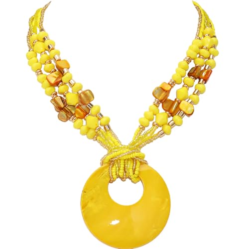 Coiris Shell Pendant Statement Strand Necklace for Women Boho Multi Beads Natural Stone Colorful Necklace Bohemian Handmade Chunky Shell Beaded Collar Jewelry for Women - color: Yellow