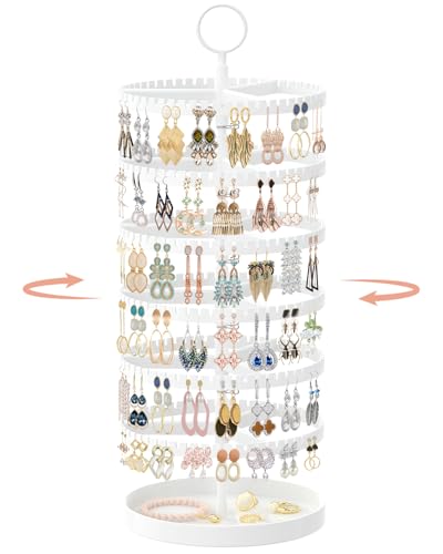 iDavosic.ly 6 Tier Rotating Earring Holder Organizer with Metal Tray, Adjustable Plastic Dangle Display Stands Tree with 342 Grooves, Large Hoop Storage Rack Tower, White - color: White, size: 6 Tiers