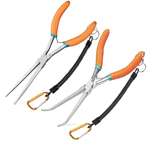 2 PCS Extra Long Bent & Straight Needle Nose Pliers Set for Jewelry Making & Fishing Hook Removal with Serrated Jaw & Lanyard - style: Extra Long Nose & Bent Nose