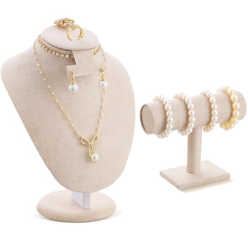 RattanView 2 Pcs Jewelry Display Set Necklace Mannequin Bust T Bar Bracelet Holder for Earring Necklace Ring Display - color: Flaxen