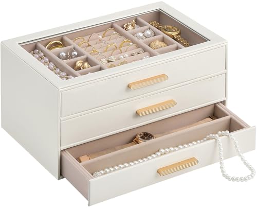 Lolalet Jewelry Box Organizer, 3-Layer Jewelry Organizers and Storage Case with Glass Lid, Ring Earring Bracelet Necklace Holder Organizer, Mothers Day Gifts for Mom, Women Girls -3Layer, Beige - color: Beige, size: 3-layer