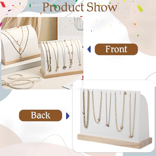 2 Pcs Cambered Wooden Necklace Display Stand with Soft PU Leather Mat, Necklace Bracelet Pendant Chokers Chains Organizer Holder, White Tabletop Jewelry Display Storage Holder for Selling Exhibition