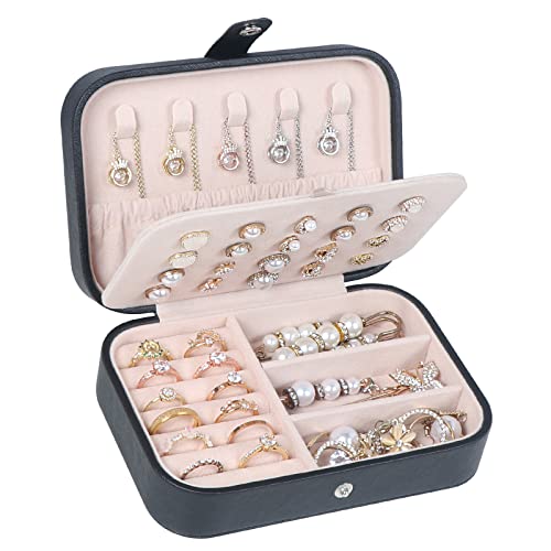 Hatori Travel Jewelry Box, PU Leather Small Jewelry Organizer for Women Girls, Portable Mini Travel Case Display Storage Holder Boxes for Stud Earrings, Rings, Necklaces, Bracelets (Black Beige) - color: Black Beige